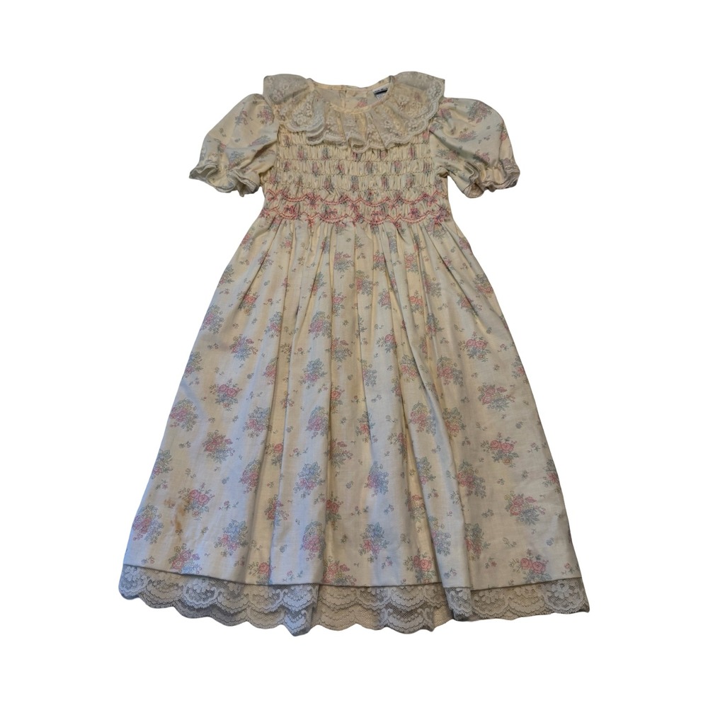 Polly Flinders Vintage Girls Smocked Floral Lace Dress Size 8 Pink Blue Cream
